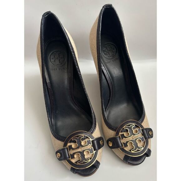 Tory Burch Leticia Peep-Toe Canvas /Leather Wedge Size 8.5 - Picture 1 of 9